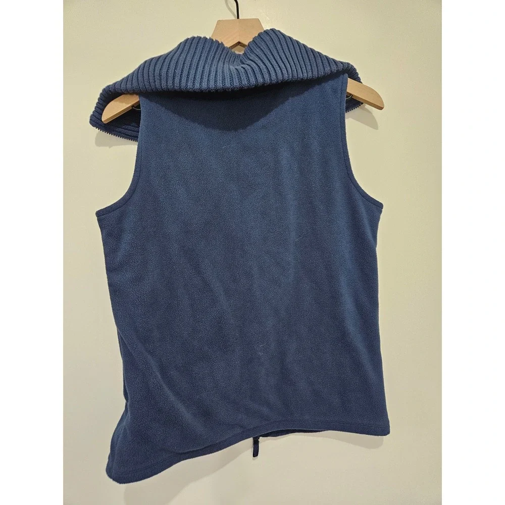 Lands End Womens Blue Fleece Vest Ribbed Knit Portrait Collar Full Zip Small 6-8